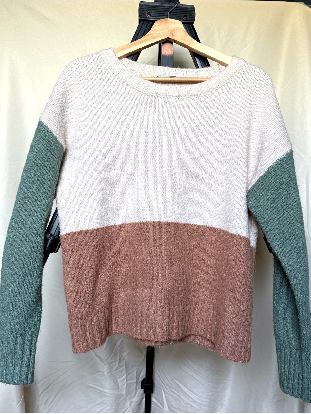 Colorblock Crewneck Sweater in Cream, Brown & Sage